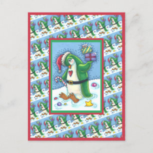 CUTE CHRISTMAS PENGUIN DRESSED IN GREEN, HOLIDAY POSTCARD