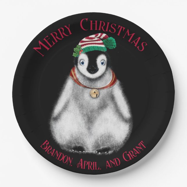 Cute Christmas Penguin , festive Arctic animal    Paper Plate (Front)