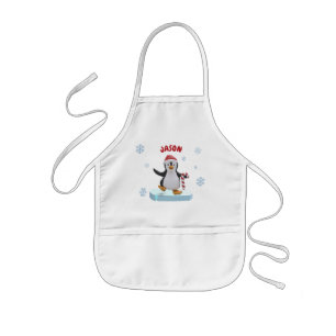 Cute Christmas Penguin Ice Floe Custom Name Kids Apron