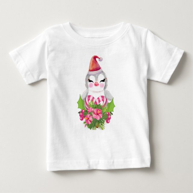Cute Christmas Penguin in Santa Hat Baby T-Shirt (Front)