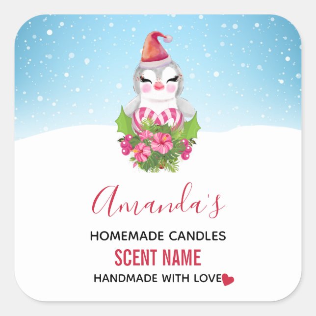 Cute Christmas Penguin in Santa Hat Candle Square Sticker (Front)