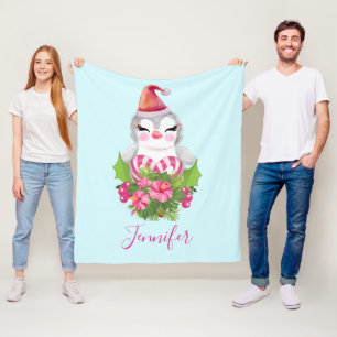 Cute Christmas Penguin in Santa Hat Fleece Blanket