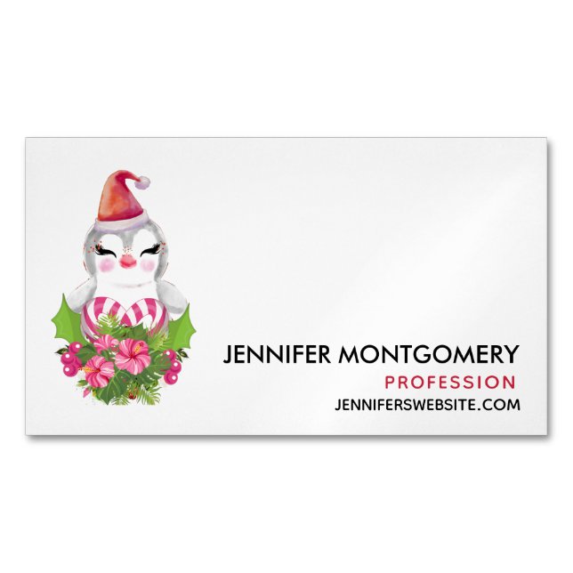 Cute Christmas Penguin in Santa Hat Magnetic Business Card (Front)