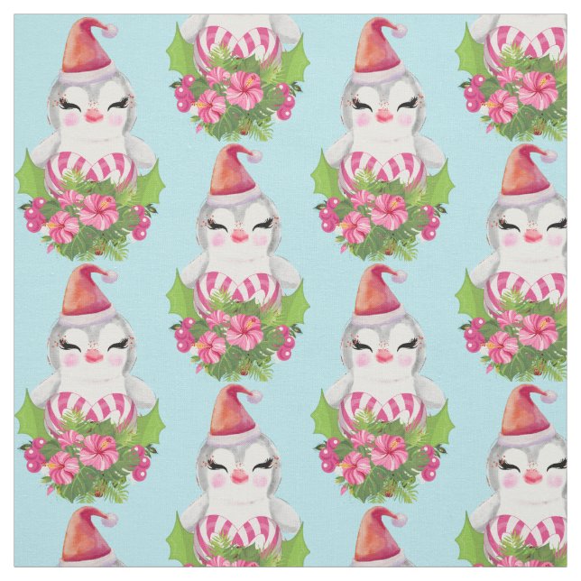Cute Christmas Penguin in Santa Hat Pattern Fabric (Swatch)