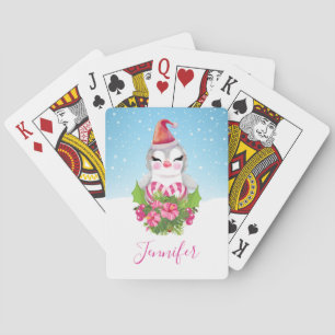 Cute Christmas Penguin in Santa Hat Playing Cards