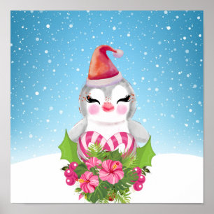 Cute Christmas Penguin in Santa Hat Poster