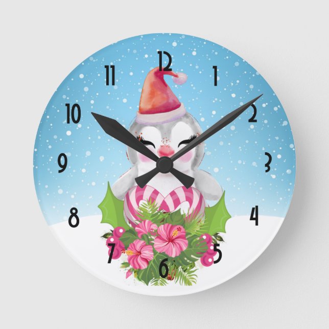 Cute Christmas Penguin in Santa Hat Round Clock (Front)