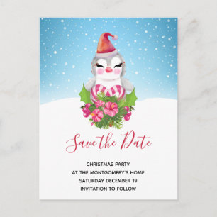 Cute Christmas Penguin in Santa Hat Save the Date Invitation Postcard