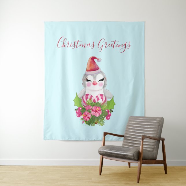 Cute Christmas Penguin in Santa Hat Tapestry (In Situ)