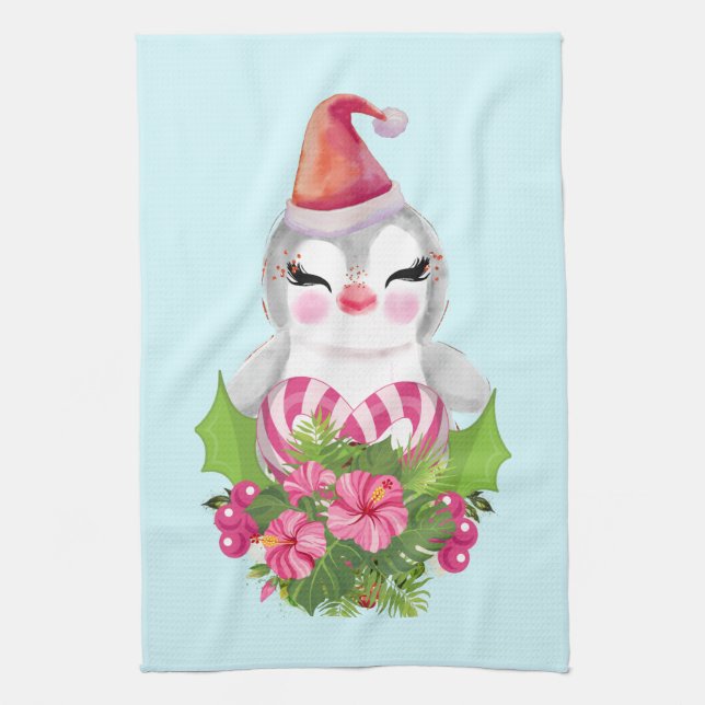 Cute Christmas Penguin in Santa Hat Tea Towel (Vertical)