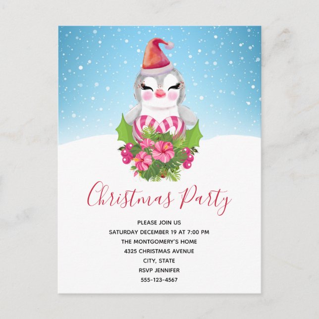 Cute Christmas Penguin in Santa Hat Xmas Party Invitation Postcard (Front)