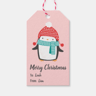 Cute christmas penguin on light pink gift tags