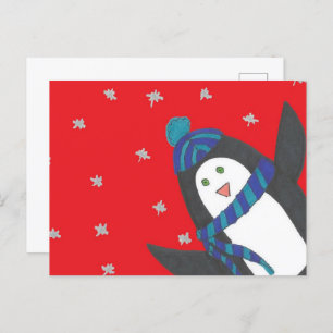 Cute Christmas Penguin on Red  Postcard