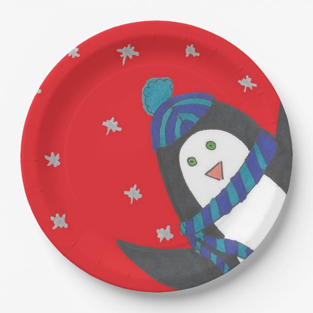 Cute Christmas Penguin Paper Plate (Front)
