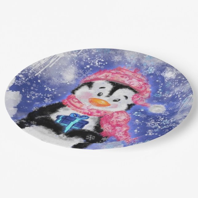 Cute Christmas Penguin Paper Plates (Angled)