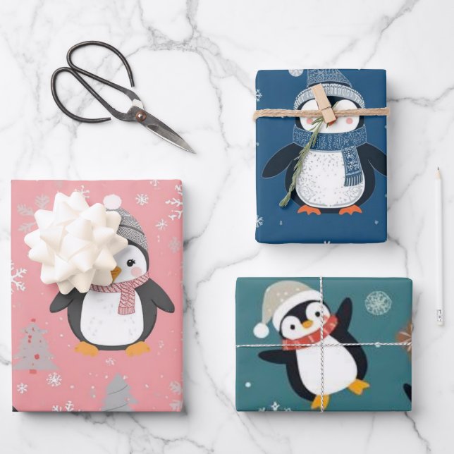 Cute Christmas Penguin Pattern Wrapping Paper Sheet (Front)