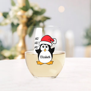 Cute Christmas Penguin Personalise Stemless Wine Glass
