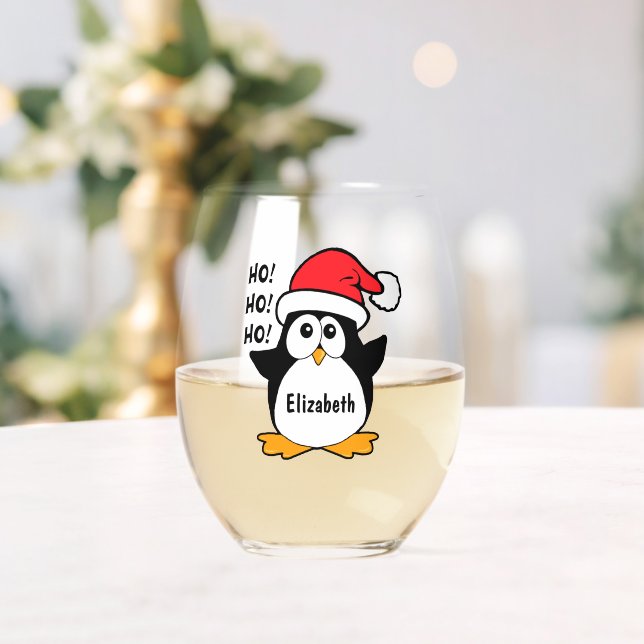 Cute Christmas Penguin Personalise Stemless Wine Glass (Insitu (Wedding))