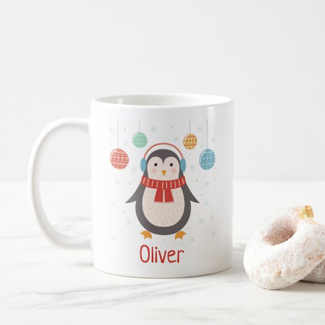 Cute Christmas Penguin Personalised Christmas Mug (With Donut)