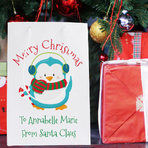 Cute Christmas Penguin Personalised Kids Party Medium Gift Bag