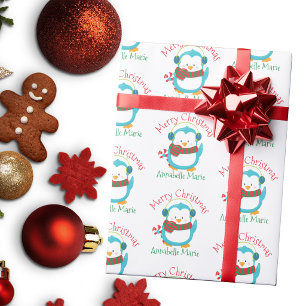 Cute Christmas Penguin Personalised Kids Party Wrapping Paper