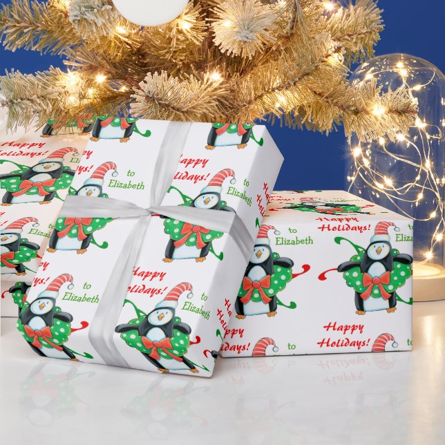 Cute Christmas Penguin Personalised Kids Wrapping Paper (Holidays)