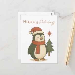 Cute Christmas Penguin Postcard • Vintage Holiday 