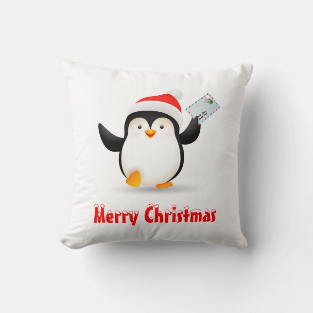 Cute Christmas Penguin Showing Santa's Letter Cushion (Front)