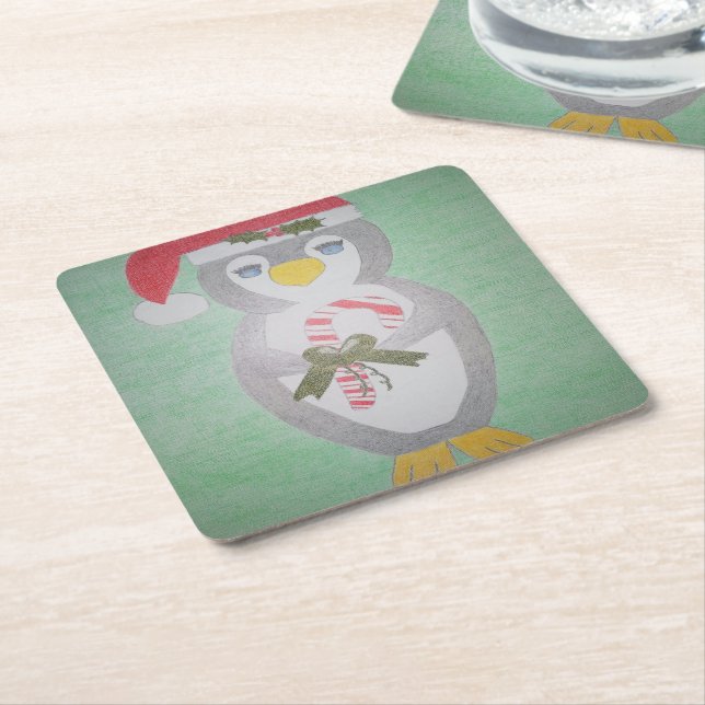 Cute Christmas Penguin Square Paper Coaster (Angled)
