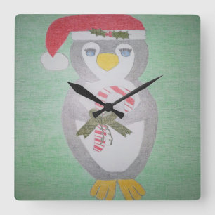 Cute Christmas Penguin Square Wall Clock
