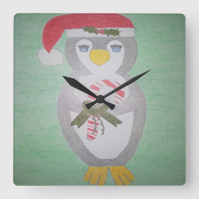 Cute Christmas Penguin Square Wall Clock (Front)