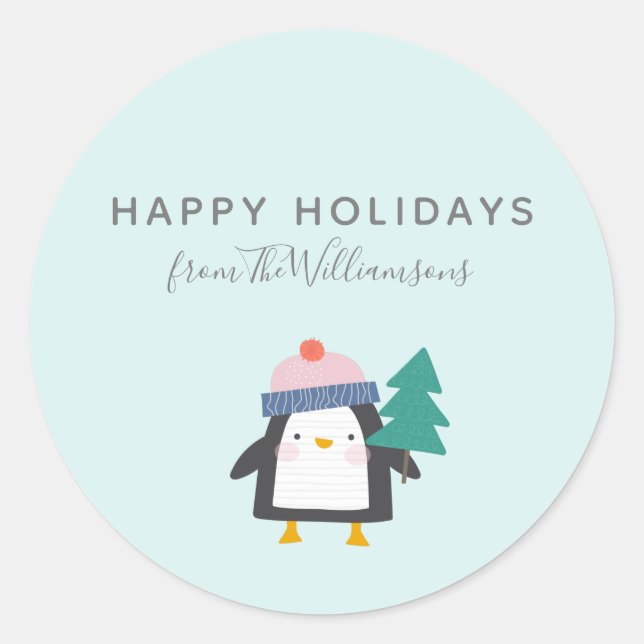 Cute Christmas Penguin Teal Mint Personalised  Classic Round Sticker (Front)