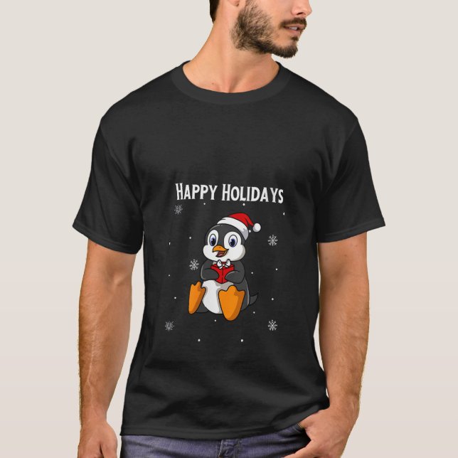 Cute Christmas Penguin Wearing Santa Hat Holding X T-Shirt (Front)