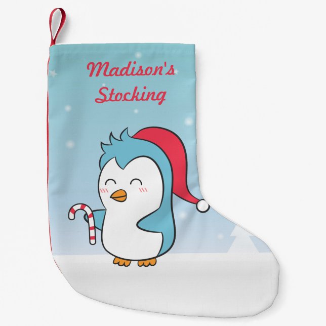 Cute Christmas Penguin With Cap and Candy Cane Small Christmas Stocking (Front)