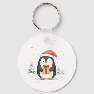 Cute Christmas Penguin with Gift and Santa Hat Key Ring