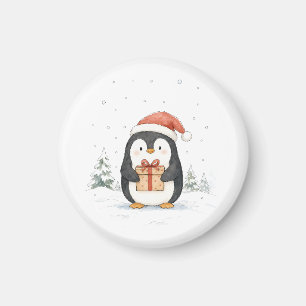 Cute Christmas Penguin with Gift and Santa Hat Magnet