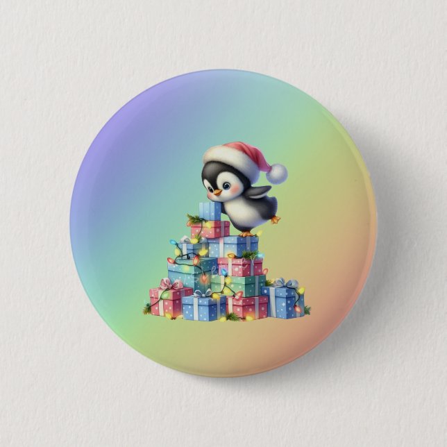 Cute Christmas Penguin with Gifts and Lights Card 6 Cm Round Badge (Front)