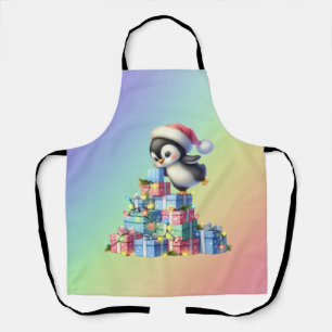 Cute Christmas Penguin with Gifts and Lights Card Apron