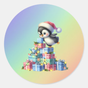 Cute Christmas Penguin with Gifts and Lights Card Classic Round Sticker