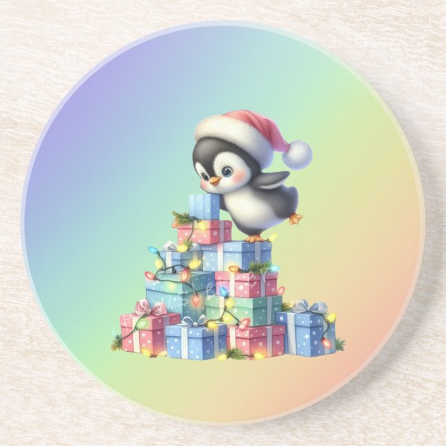Cute Christmas Penguin with Gifts and Lights Card Coaster (Front)
