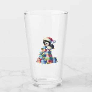 Cute Christmas Penguin with Gifts and Lights Card Glass
