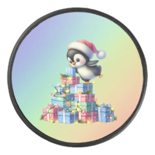 Cute Christmas Penguin with Gifts and Lights Card Hockey Puck