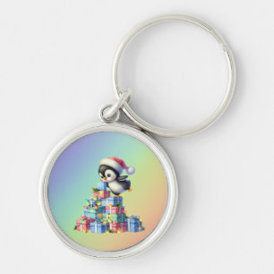 Cute Christmas Penguin with Gifts and Lights Card Key Ring