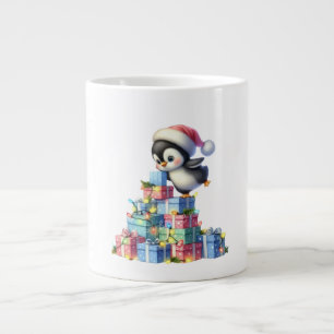 Cute Christmas Penguin with Gifts and Lights Card Large Coffee Mug