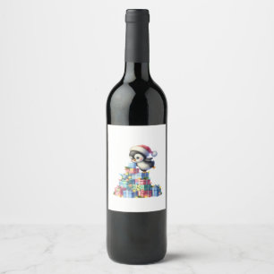 Cute Christmas Penguin with Gifts and Lights Card Wine Label