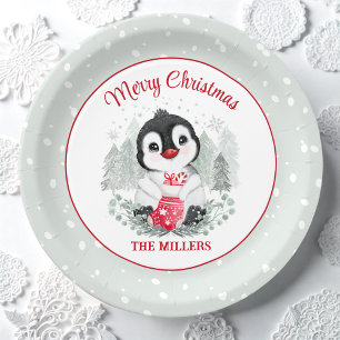 Cute Christmas Penguin with Stocking Name Paper Plate