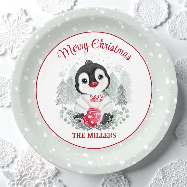 Cute Christmas Penguin with Stocking Name Paper Plate (Cute Christmas Penguin with Stocking Name Paper Plates)