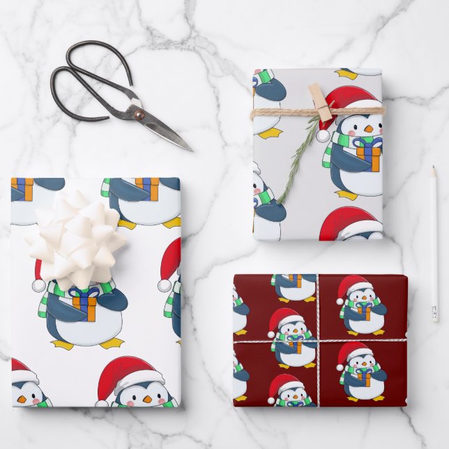 Cute Christmas Penguin Wrapping Paper Sheets (Front)