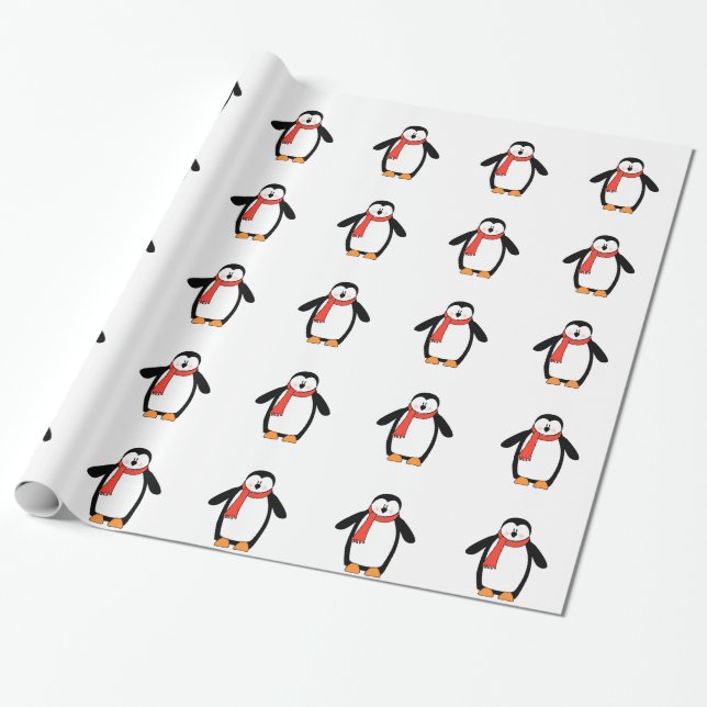Cute Christmas Penguin Xmas Holiday Red Scarf Wrapping Paper (Unrolled)