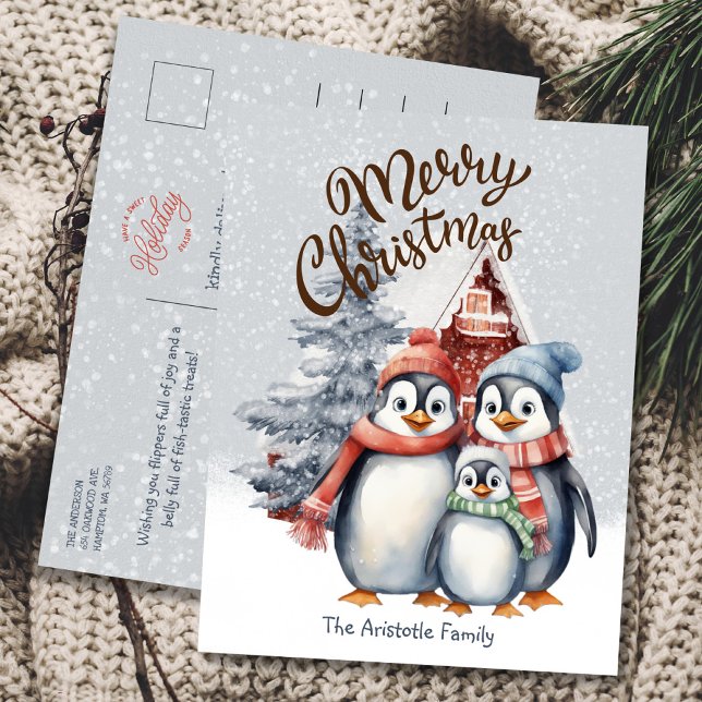 Cute Christmas Penguins Family Holiday Postcard (Creator Uploaded)